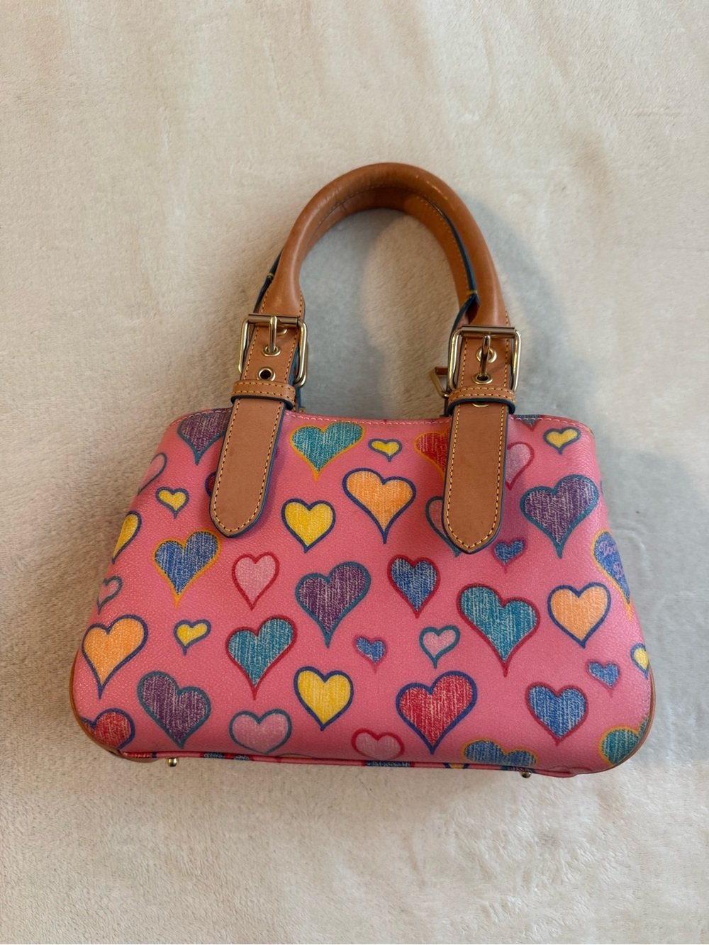 Y2K Dooney & Bourke Pink Crayon Heart-Print Satchel with Tan Handles